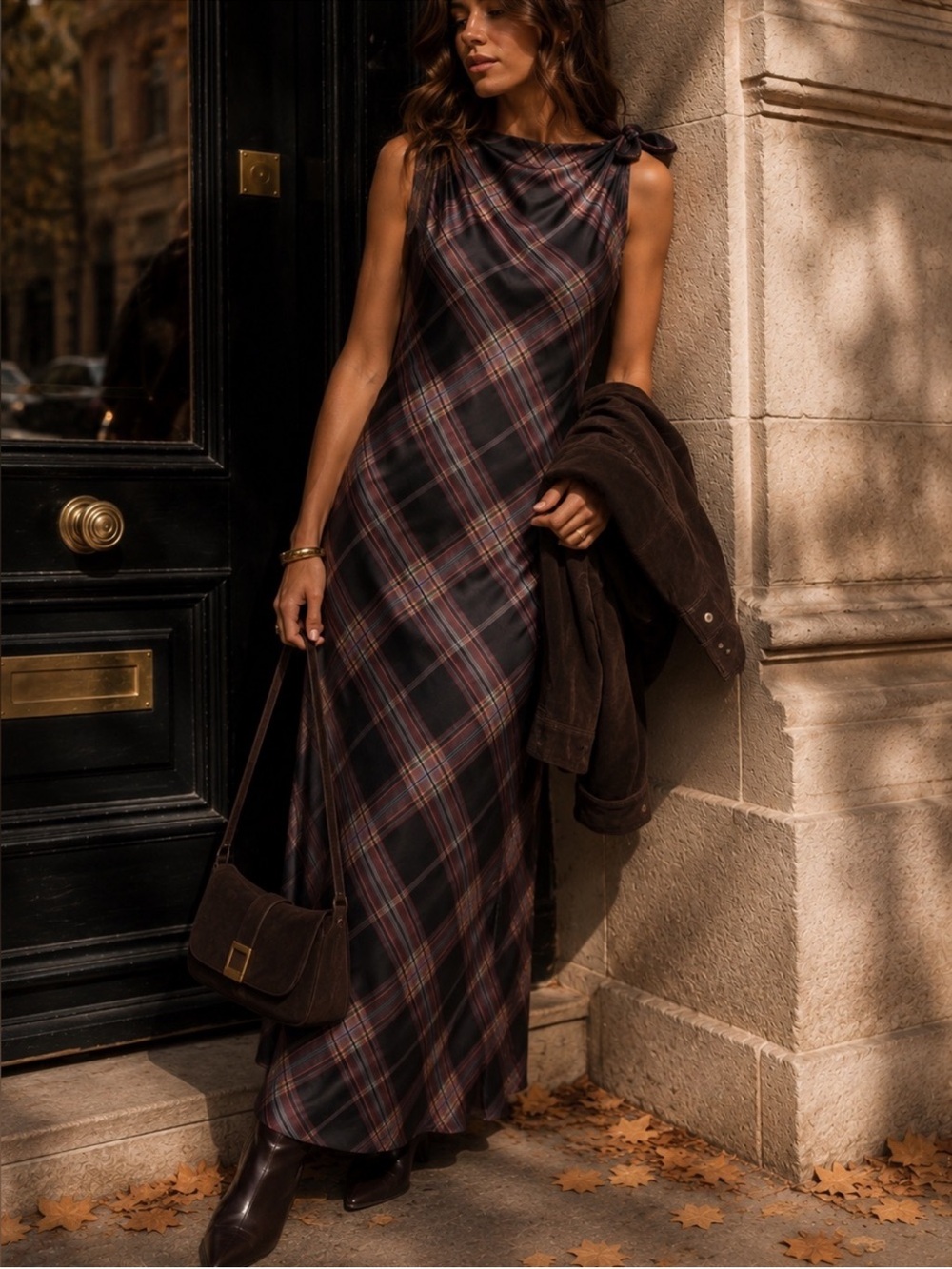 Camila Coelho Plaid Tie Shoulder Maxi Dress NWT